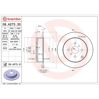 Billede af BREMBO COATED DISC LINE 08.A273.31 Bremseskiver 269 9 4 fuldstændigt coatet TOYOTA: Corolla IX Sedan