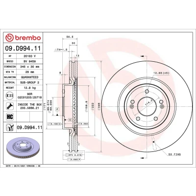 Billede af BREMBO 09.D994.11 Bremseskiver 345 30 5 indvendigt ventileret coatet højkarboniseret