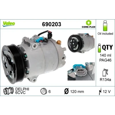 Billede af VALEO 690203 Kompressor 6CVC 12 PAG 46 R 134a med kompressorolie OPEL: Astra J Sports Tourer, Hatchback