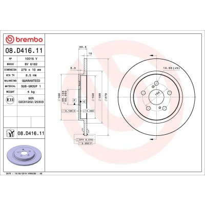 Billede af BREMBO 08.D416.11 Bremseskiver 279 10 5 fuldstændigt coatet TOYOTA: Urban Cruiser, LEXUS: CT