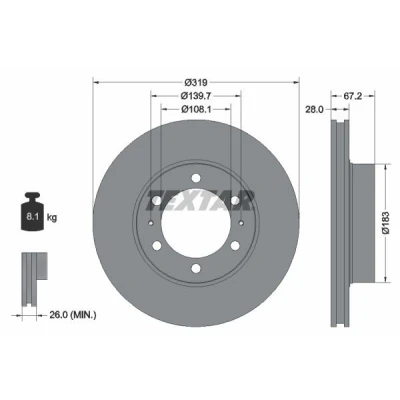 Billede af TEXTAR PRO 92230403 Bremseskiver 319 28 06/08 139,7 indvendigt ventileret coatet uden hjulbolte, hjulnav TOYOTA: HILUX 3 Pick up