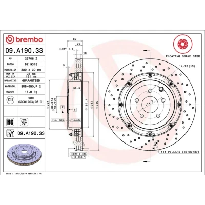 Billede af BREMBO 09.A190.33 Bremseskiver 380 30 5 perforeret/indv. ventileret, todelt bremseskive coatet højkarboniseret