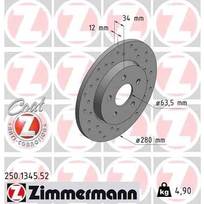 Billede af ZIMMERMANN 250.1345.52 Bremseskiver 280 12 5/5 5 108 fuldstændigt, hullet coatet FORD: MONDEO 3 Kombi, 3, Stufenheck