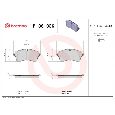 Billede af BREMBO P 36 036 Bremseklodser Ekskl. slidadvarselskontakt med bremsecaliperskruer uden tilbehør JAGUAR: E Pace
