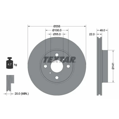 Billede af TEXTAR PRO 92077203 Bremseskiver 255 22 04/06 100 indvendigt ventileret coatet uden hjulbolte, hjulnav TOYOTA: Corolla VIII Compact