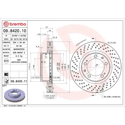 Billede af BREMBO COATED DISC LINE 09.8420.11 Bremseskiver 304 32 5 perforeret/indv. ventileret coatet højkarboniseret PORSCHE: 911 Cabriolet