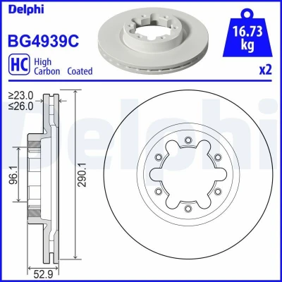 Billede af DELPHI BG4939C Bremseskiver 290 26 6 ventileret coatet højkarboniseret uden hjullejer, ABS sensorring