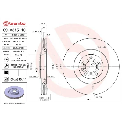 Billede af BREMBO COATED DISC LINE 09.A815.11 Bremseskiver 345 30 5 indvendigt ventileret coatet højkarboniseret med skruer AUDI: A4 B7 Avant, B6 Avant