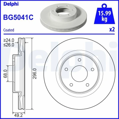 Billede af DELPHI BG5041C Bremseskiver 296 26 5 ventileret coatet ubehandlet uden hjullejer, ABS sensorring
