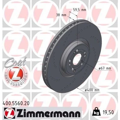 Billede af ZIMMERMANN Bremseskive MERCEDES BENZ: GLE 400mm 38mm 9/5 5 hul 112mm indvendigt ventileret, hullet 400.5560.20 1674211201,167421120107 Bremseskiver