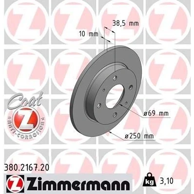 Billede af ZIMMERMANN COAT Z 380.2167.20 Bremseskiver 250 10 6/4 4 114 fuldstændigt coatet MITSUBISHI: Colt 6, VI CZC Cabriolet, SMART: Forfour I
