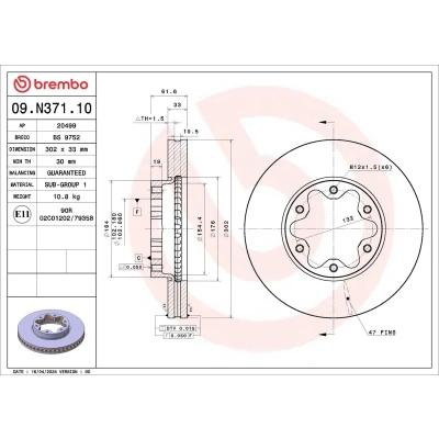 Billede af BREMBO Bremseskive FORD: Transit Mk7 Van 302mm 33mm 6 indvendigt ventileret 09.N371.10 Bremseskiver, Skivebremser