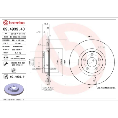 Billede af BREMBO 09.4939.41 Bremseskiver 284 22 5 indvendigt ventileret coatet med skruer FIAT: 500L