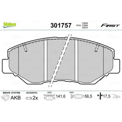Billede af VALEO 301757 Bremseklodser FIRST foraksel Inkl. slidadvarselskontakt uden anti knirke plade HONDA: CIVIC 10, CR V 2, 3