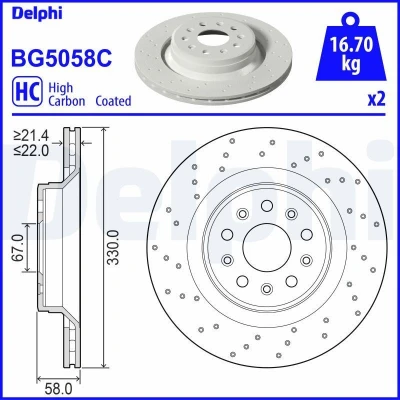 Billede af DELPHI Bremseskive MASERATI: Levante SUV 330mm 22mm 5 ventileret, hullet BG5058C Bremseskiver, Skivebremser