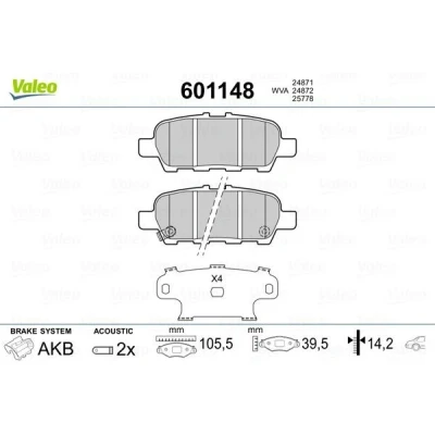 Billede af VALEO 601148 Bremseklodser bagaksel Inkl. slidadvarselskontakt med anti knirke plade NISSAN: Juke, Leaf I, II, HYUNDAI: Ioniq, INFINITI: FX SUV