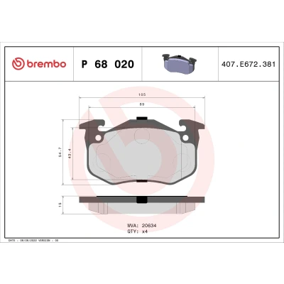 Billede af BREMBO P 68 020 Bremseklodser Ekskl. slidadvarselskontakt uden tilbehør RENAULT: TWINGO 1