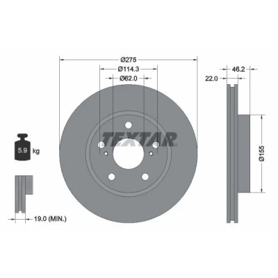 Billede af TEXTAR PRO 92163803 Bremseskiver 275 22 05/07 114,3 indvendigt ventileret coatet uden hjulbolte, hjulnav TOYOTA: Auris Hatchback, Corolla X Sedan