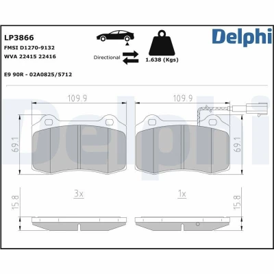Billede af DELPHI LP3866 Bremseklodser Inkl. slidadvarselskontakt med anti knirke plade uden tilbehør