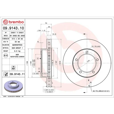 Billede af BREMBO COATED DISC LINE 09.9143.11 Bremseskiver 313 32 5 indvendigt ventileret coatet TOYOTA: Land Cruiser 100