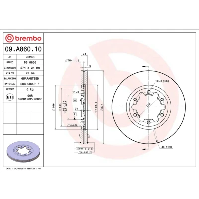 Billede af BREMBO 09.A860.10 Bremseskiver 274 24 6 indvendigt ventileret