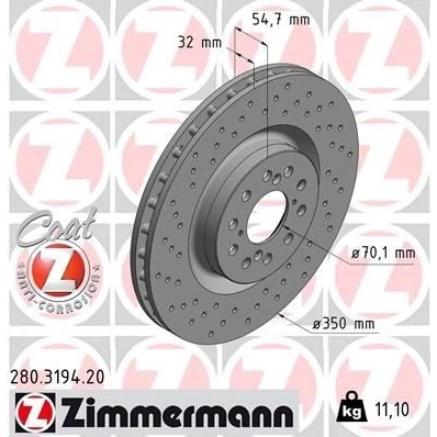 Billede af ZIMMERMANN 280.3194.20 Bremseskiver 350 32 14/5 5 120 indvendigt ventileret, hullet coatet HONDA: CIVIC 9, 10