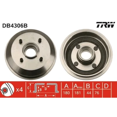 Billede af TRW DB4306B Bremsetromler med leje, uden ABS sensorring FORD: Escort 6, Puma