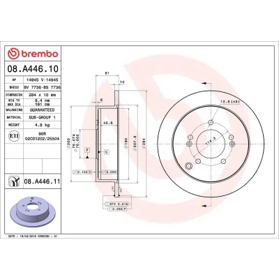 Billede af BREMBO 08.A446.10 Bremseskiver 284 10 5 fuldstændigt HYUNDAI: Tucson, Trajet, KIA: Sportage III, II