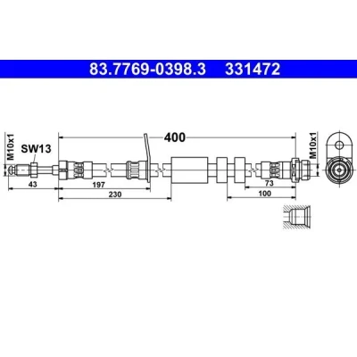 Billede af ATE 83.7769 0398.3 Bremseslange 400 M10x1 FORD: C Max 2, FOCUS 3, Grand