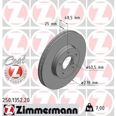 Billede af ZIMMERMANN COAT Z 250.1352.20 Bremseskiver 278 25 5/5 5 108 indvendigt ventileret coatet højkarboniseret FORD: C Max, FOCUS 3 Turnier,