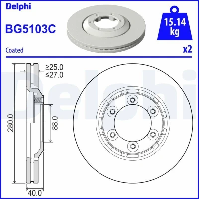 Billede af DELPHI BG5103C Bremseskiver 280 27 6 ventileret coatet ubehandlet uden hjullejer, ABS sensorring ISUZU: D Max II Pick up