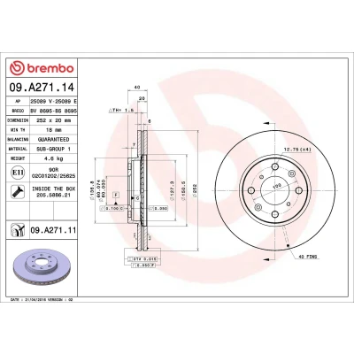 Billede af BREMBO 09.A271.14 Bremseskiver 252 20 4 indvendigt ventileret med skruer SUZUKI: Splash, SWIFT 3, OPEL: Agila B