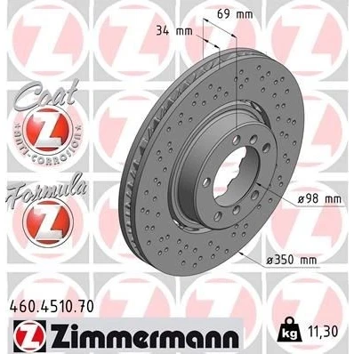 Billede af ZIMMERMANN 460.4510.70 Bremseskiver 350 34 7/5 5 130 ventileret, hullet, todelt bremseskive coatet PORSCHE: 911 Cabriolet, Coupe