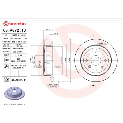 Billede af BREMBO COATED DISC LINE 08.A872.11 Bremseskiver 258 10,5 4 fuldstændigt coatet med skruer CHEVROLET: Nubira Stationcar, Lacetti Hatchback