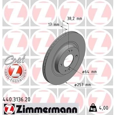 Billede af ZIMMERMANN 440.3136.20 Bremseskiver 257 17 6/4 4 100 indvendigt ventileret coatet CITROËN: C Zero Hatchback, MITSUBISHI: i
