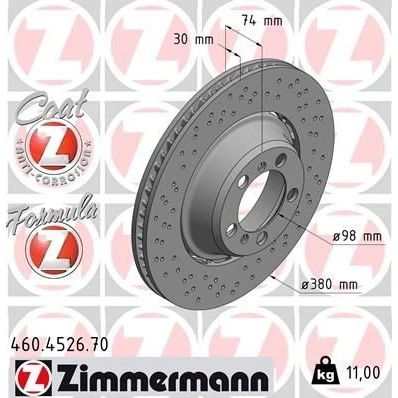 Billede af ZIMMERMANN 460.4526.70 Bremseskiver 380 30 7/5 5 130 ventileret, hullet, todelt bremseskive coatet legeret PORSCHE: 911 Coupe