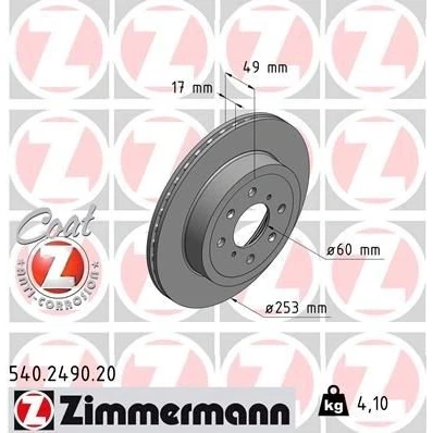 Billede af ZIMMERMANN COAT Z 540.2490.20 Bremseskiver 253 17 8/4 4 100 indvendigt ventileret coatet SUZUKI: IGNIS 2, Wagon R+ II Hatchback, OPEL: Agila A