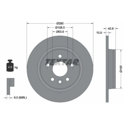 Billede af TEXTAR PRO 92255603 Bremseskiver 280 10,9 05/06 108 fuldstændigt coatet uden hjulbolte, hjulnav VOLVO: V40 Hatchback, V50, S40 II