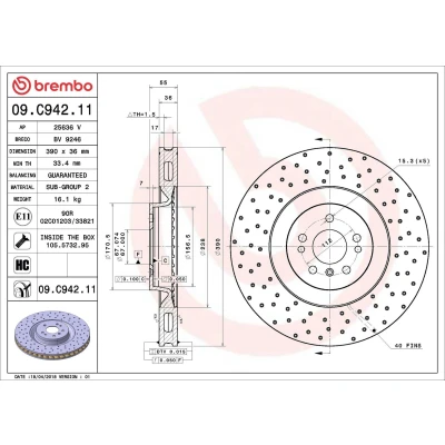 Billede af BREMBO 09.C942.11 Bremseskiver 390 36 5 perforeret/indv. ventileret coatet højkarboniseret med skruer MERCEDES BENZ: ML klasse, R klasse