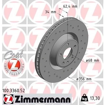 Billede af ZIMMERMANN Bremseskive AUDI: A6 C7 Allroad 356mm 34mm 6/5 5 hul 112mm indvendigt ventileret, hullet coatet højkarboniseret 100.3360.52 4G0615301AC