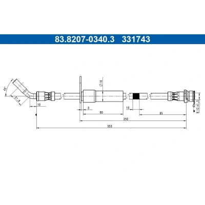 Billede af ATE 83.8207 0340.3 Bremseslange 353mm M10x1,5mm FORD: Puma SUV 1.5 EcoBlue, ST EcoBoost, 1.0 Flexifuel, EcoBoost mHEV,