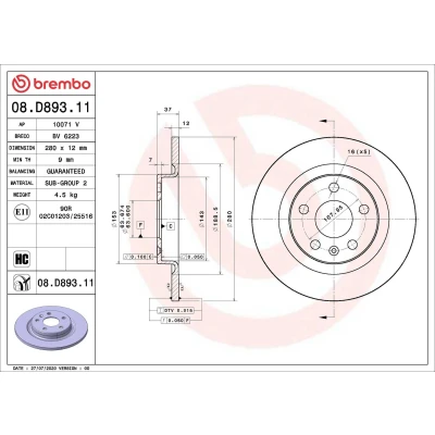 Billede af BREMBO 08.D893.11 Bremseskiver 280 12 5 fuldstændigt coatet højkarboniseret VOLVO: XC40