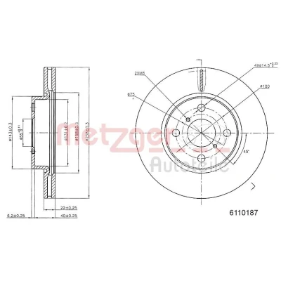 Billede af METZGER 6110187 Bremseskiver foraksel 258 22 4 100 indvendigt ventileret lakeret, Krydsslebet TOYOTA: Yaris III Hatchback, II Hatchback