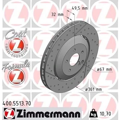 Billede af ZIMMERMANN FORMULA Z COAT 400.5513.70 Bremseskiver 361 32 6/5 5 112 ventileret, slidset/perforeret, todelt bremseskive coatet MERCEDES BENZ: SLK