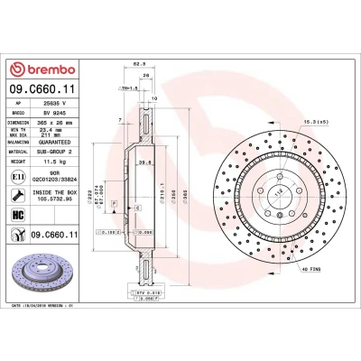 Billede af BREMBO 09.C660.11 Bremseskiver 365 26 5 perforeret/indv. ventileret coatet højkarboniseret med skruer MERCEDES BENZ: ML klasse, R klasse