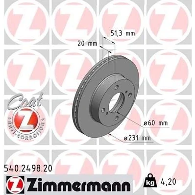 Billede af ZIMMERMANN COAT Z 540.2498.20 Bremseskiver 231 20 6/4 4 100 indvendigt ventileret coatet SUZUKI: Alto VII, NISSAN: Pixo