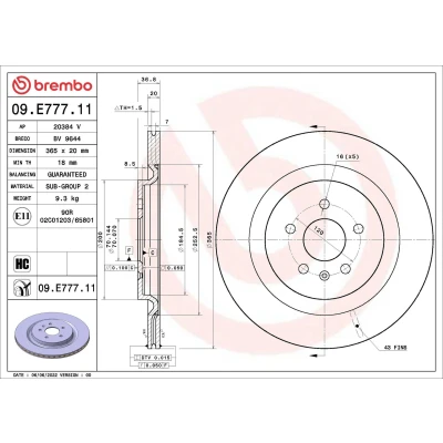 Billede af BREMBO Bremseskive 365mm 20mm 5 indvendigt ventileret coatet højkarboniseret 09.E777.11 P0002184AA,P0002184AB,P0002184AC,P0072638AC,P0072638AD