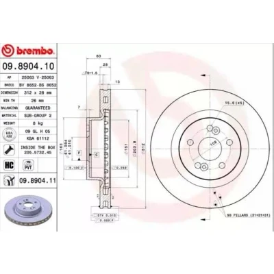 Billede af BREMBO COATED DISC LINE 09.8904.11 Bremseskiver 312 28 5 indvendigt ventileret coatet højkarboniseret med skruer RENAULT: CLIO 3, MEGANE 2