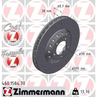 Billede af ZIMMERMANN 460.1584.70 Bremseskiver 390 38 7/5 5 130 ventileret, hullet, todelt bremseskive coatet legeret