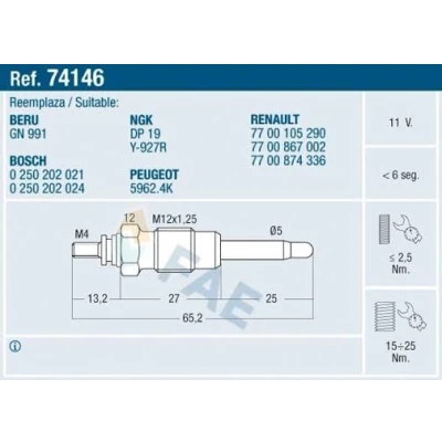 Billede af FAE 74146 Gløderør 11V M12x125